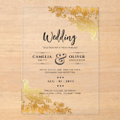 ACRYL Wedding nodigt uit tot elegante gouden kant Acryl Uitnodigingen (Voorkant)