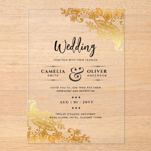 ACRYL Wedding nodigt uit tot elegante gouden kant Acryl Uitnodigingen (Voorkant)