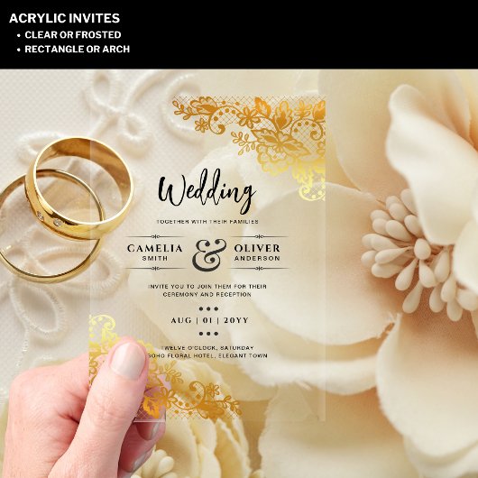 ACRYL Wedding nodigt uit tot elegante gouden kant Acryl Uitnodigingen