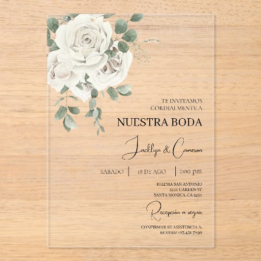 Acryl witte bloem Spaanse bruiloft uitnodiging (Voorkant)