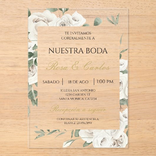 Acryl witte bloemen bruiloft acryl uitnodigingen (Voorkant)