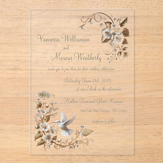 Acryl witte kolibrie bruiloft uitnodiging (Voorkant)