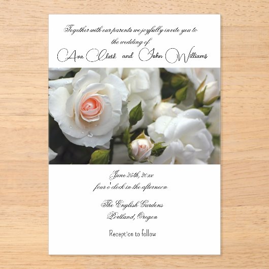 Acryl witte rozen bruiloft uitnodiging (Voorkant)