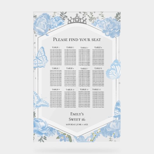 Acryl Zoet 16 Zitting Grafiek Teken | blauwe jurk Acryl Bord (Voorkant)