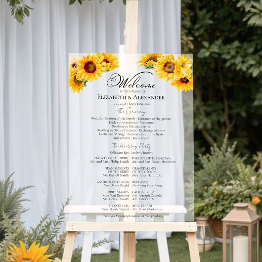 Acryl Zonnebloem Wedding Ceremony Program Teken Acryl Bord