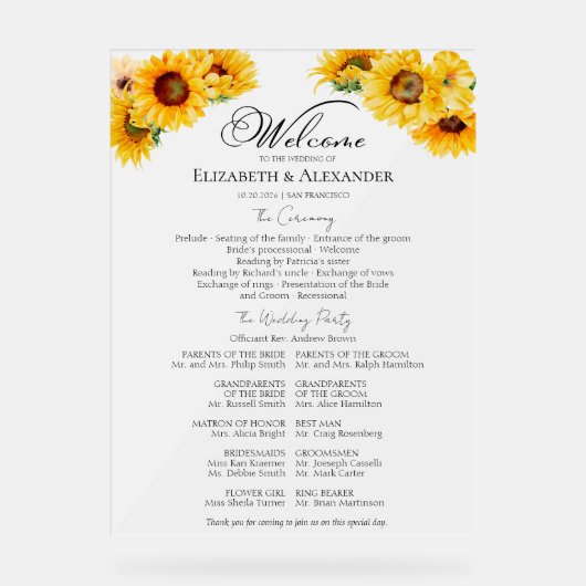 Acryl Zonnebloem Wedding Ceremony Program Teken Bord (Voorkant)
