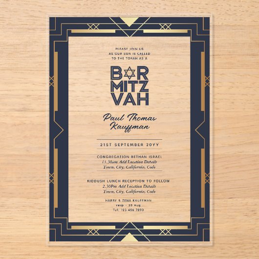 Acrylaat BAR MITZVAH Navy Goud Modern Helder Elega Acryl Uitnodigingen (Voorkant)