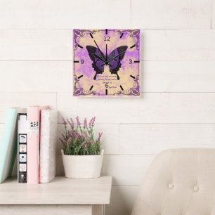 Acrylaat wandklok Paars/Zwarte Vlinder Spreuk 