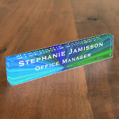 Acrylblauw en Groene Starburst Naam en Titel Naambordje (Zijkant)