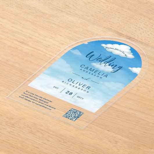 ACRYLBRUILOFT Wolken Hemelblauw Groen QR Code RSVP Acryl Uitnodigingen (Laagn)