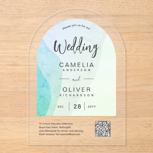 ACRYLBRUILOFT Zee Glas Abstracte QR Code RSVP Acryl Uitnodigingen (Voorkant)