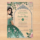 Acrylc smaragdgroene zilveren Quince-jurk bloemen Acryl Uitnodigingen (Voorkant)