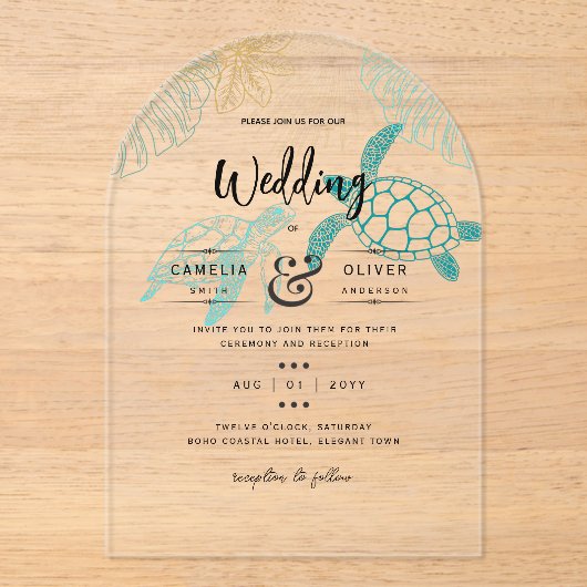 Acrylcaten voor huwelijksreis op het strand met ze acryl uitnodigingen (Voorkant)