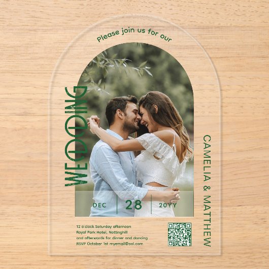 ACRYLFOTO BRUILOFT Nodig Moderne QR Code RSVP Acryl Uitnodigingen (Voorkant)