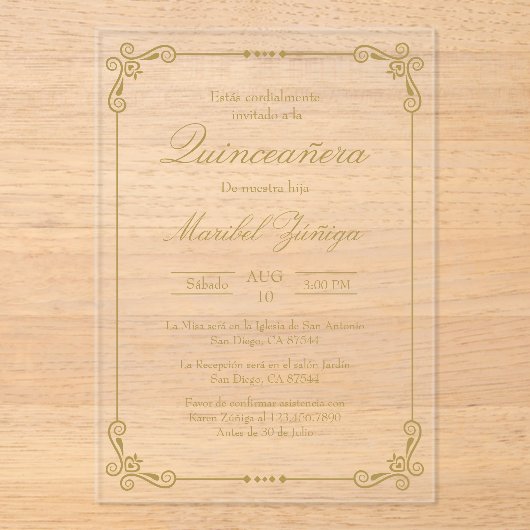 Acrylgoud quinceañera Uitnodiging (Voorkant)