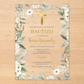 Acrylgroen witte bloem doopsel Spaans Acryl Uitnodigingen (Voorkant)