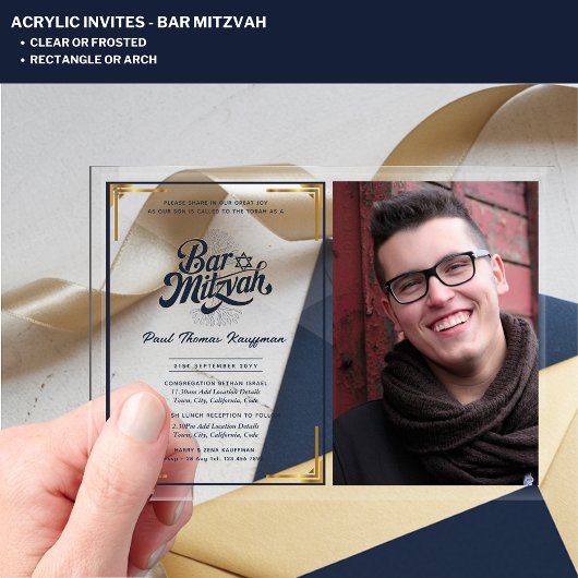ACRYLIC BAR MITZVAH Foto Blauw Goud Elegant Acryl Uitnodigingen
