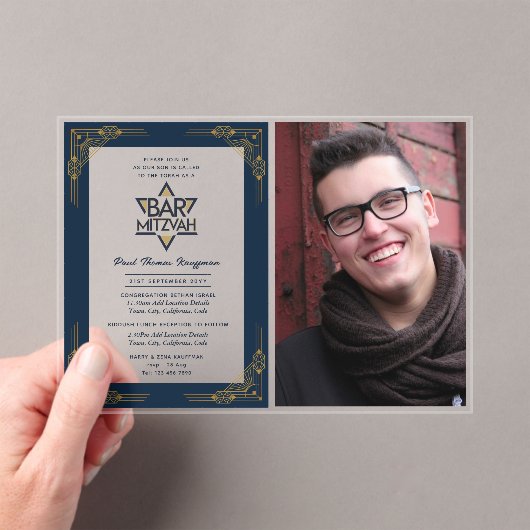 ACRYLIC BAR MITZVAH Foto Blauw Goud Elegant Modern Acryl Uitnodigingen (Insitu (Draagbaar))