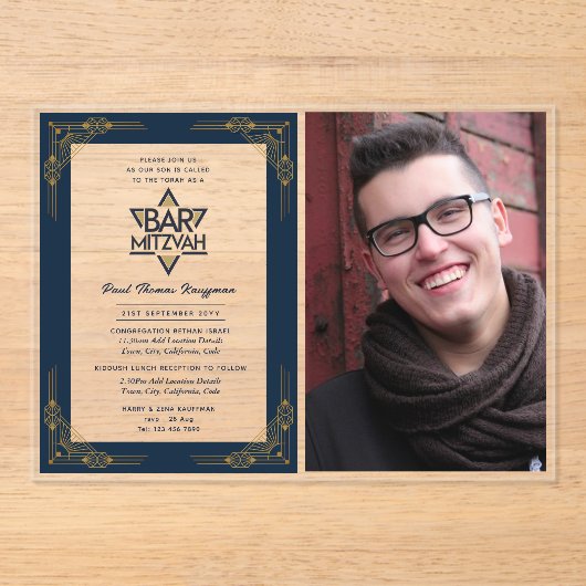 ACRYLIC BAR MITZVAH Foto Blauw Goud Elegant Modern Acryl Uitnodigingen (Voorkant)