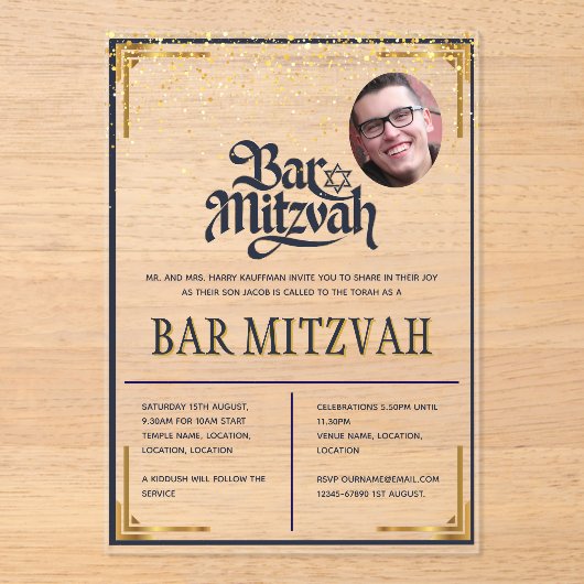 ACRYLIC BAR MITZVAH Foto Modern Marine Goud Klasse Acryl Uitnodigingen (Voorkant)
