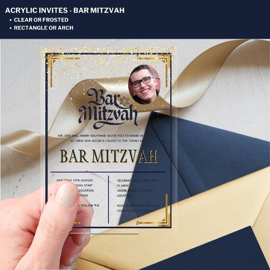 ACRYLIC BAR MITZVAH Foto Modern Marine Goud Klasse Acryl Uitnodigingen
