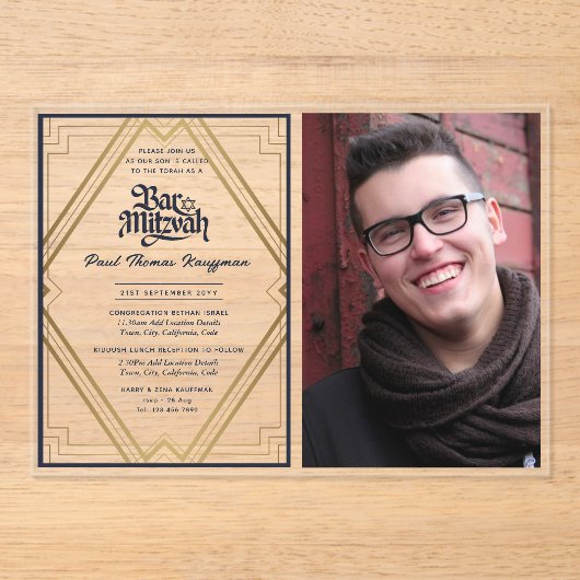 ACRYLIC BAT MITSVA Foto Navy Goud Elegant Acryl Uitnodigingen (Voorkant)