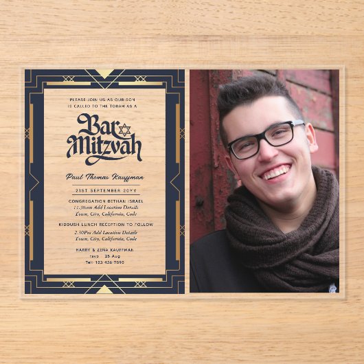 ACRYLIC BAT MITSVA Foto Navy Goud Elegant Acryl Uitnodigingen (Voorkant)