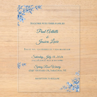 Acrylic Blue and White Floral Wedding Invitation Acryl Uitnodigingen