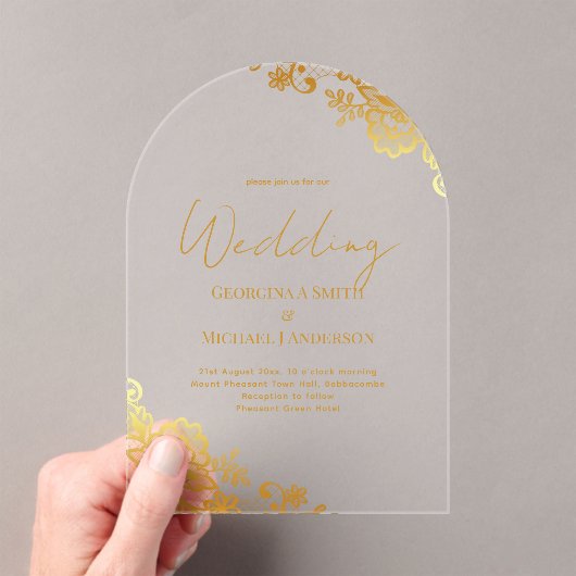 ACRYLIC Bruiloft Gouden Kant Tekst Elegant Helder Acryl Uitnodigingen (Insitu (Draagbaar))