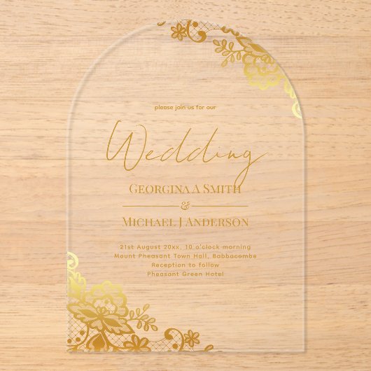 ACRYLIC Bruiloft Gouden Kant Tekst Elegant Helder Acryl Uitnodigingen (Voorkant)