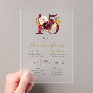 Acrylic Burgundy floral quinceañera invitation Acryl Uitnodigingen