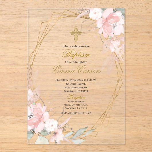 Acrylic Gold frame pink blush floral baptism Acryl Uitnodigingen (Voorkant)