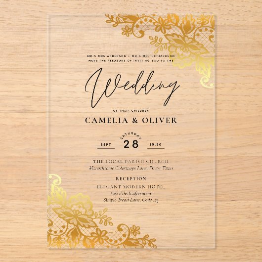 ACRYLIC Huwelijksuitnodigingen Gouden Kant Elegant Acryl Uitnodigingen (Voorkant)