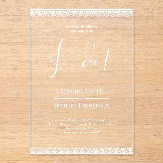 ACRYLIC Huwelijksuitnodigingen WITTE TEKST Kant Mo Acryl Uitnodigingen (Voorkant)