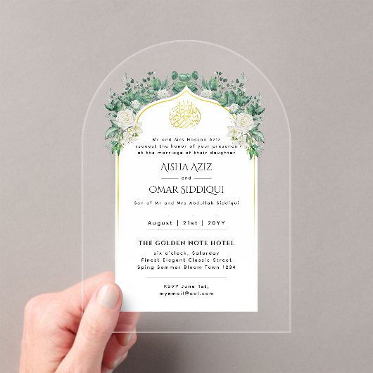 ACRYLIC NIKAH WALIMA Witte Rozen Goud Elegant Acryl Uitnodigingen (Insitu (Draagbaar))