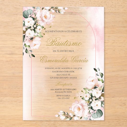 Acrylic pink floral baptism acryl uitnodigingen (Voorkant)