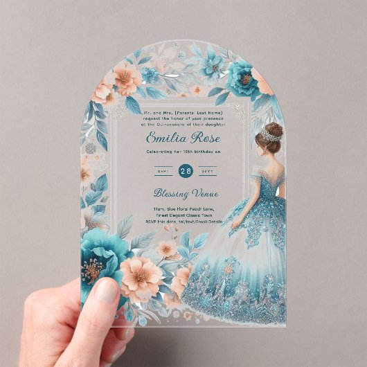 ACRYLIC Quinceañera Blauw Zilver Perzik Jurk Bloem Acryl Uitnodigingen (Insitu (Draagbaar))