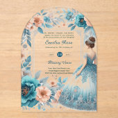 ACRYLIC Quinceañera Blauw Zilver Perzik Jurk Bloem Acryl Uitnodigingen (Voorkant)