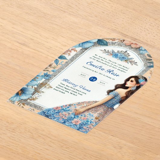 ACRYLIC Quinceañera Blauw Zilveren Perzik Jurk Blo Acryl Uitnodigingen (Laagn)