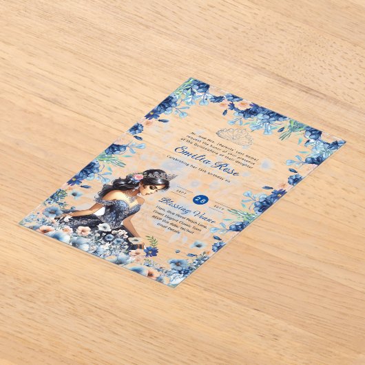 ACRYLIC Quinceanera Blauwe Bloemjurk Quince Acryl Uitnodigingen (Laagn)