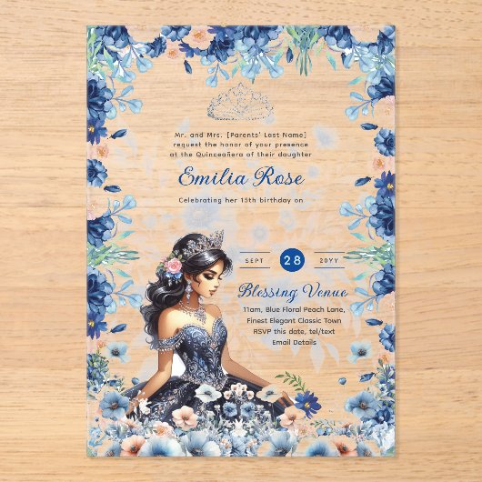 ACRYLIC Quinceanera Blauwe Bloemjurk Quince Acryl Uitnodigingen (Voorkant)