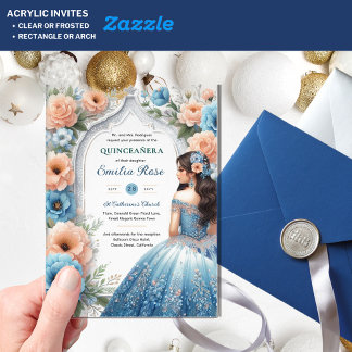 ACRYLIC Quinceañera Blauwe Zilveren Perzik Jurk Bl Acryl Uitnodigingen