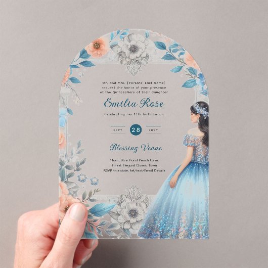 ACRYLIC Quinceañera Blauwe Zilveren Perzikjurk Blo Acryl Uitnodigingen (Insitu (Draagbaar))