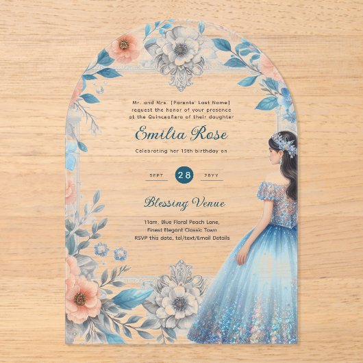 ACRYLIC Quinceañera Blauwe Zilveren Perzikjurk Blo Acryl Uitnodigingen (Voorkant)