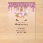 ACRYLIC Quinceanera Roze Eenhoorn Drip Glitters Acryl Uitnodigingen (Voorkant)