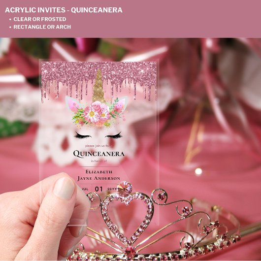 ACRYLIC Quinceanera Roze Eenhoorn Drip Glitters Acryl Uitnodigingen