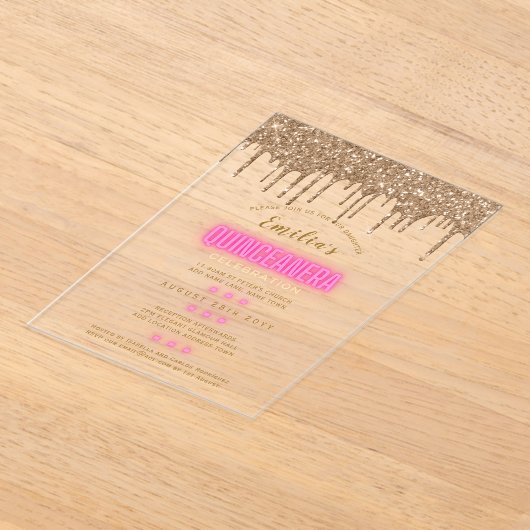 ACRYLIC Quinceanera Roze Goud Glam Diva Quince Acryl Uitnodigingen (Laagn)