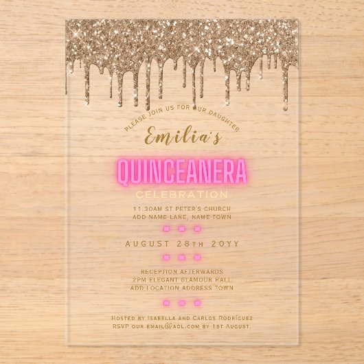 ACRYLIC Quinceanera Roze Goud Glam Diva Quince Acryl Uitnodigingen (Voorkant)
