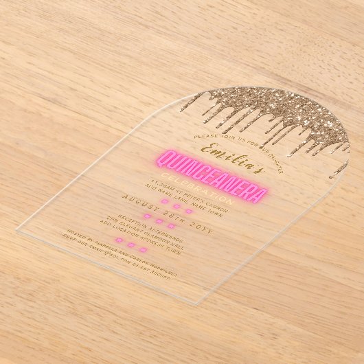 ACRYLIC Quinceanera Roze Goud Glam Diva Quince Acryl Uitnodigingen (Laagn)