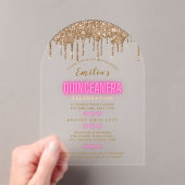 ACRYLIC Quinceanera Roze Goud Glam Diva Quince Acryl Uitnodigingen (Insitu (Draagbaar))